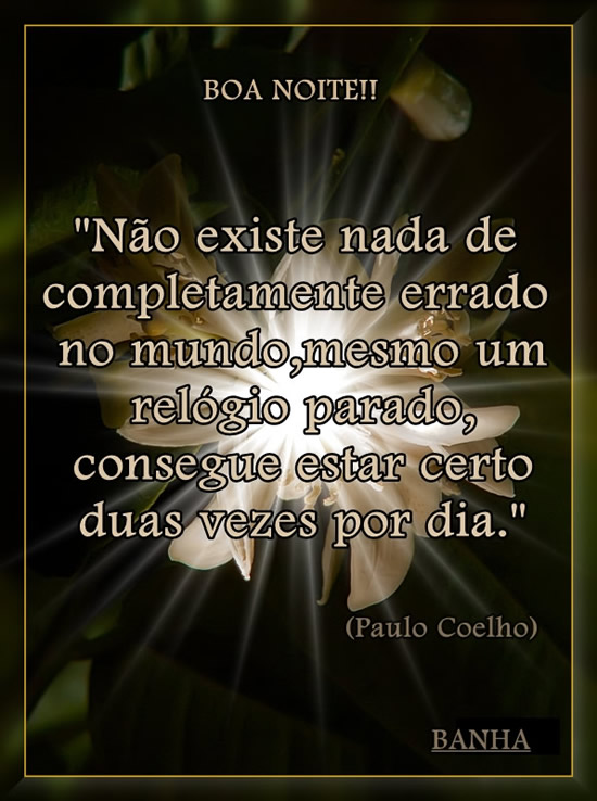 Boa noite! Não existe nada de completamente errado no mundo, mesmo um relógio parado, consegue estar certo duas vezes por dia. Paulo Coelho