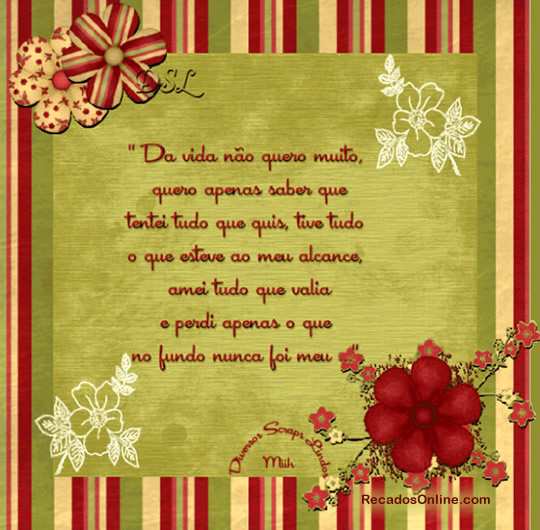 Da vida não quero muito, quero apenas saber que tentei tudo que quis...