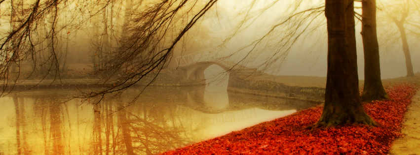Capa para Facebook de Paisagem de Outono com lago, ponte e folhas no chão