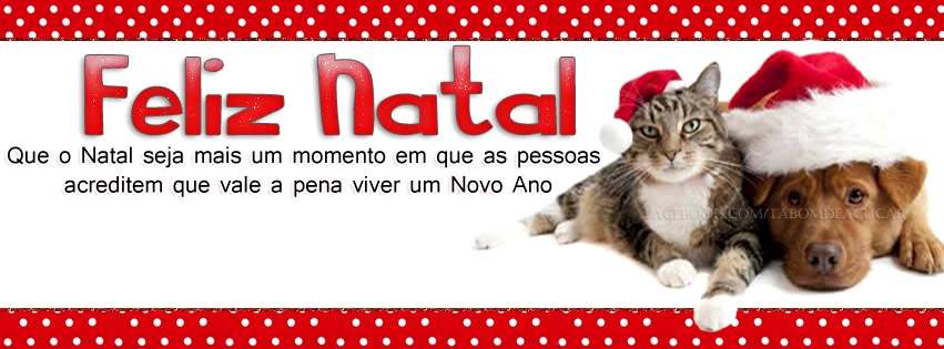 Capa para Facebook de Feliz Natal com gato e cachorro com tocas de Papai Noel...