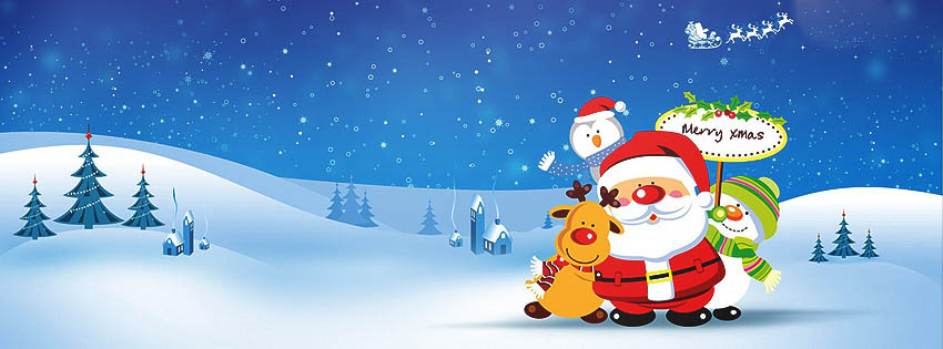 Capa para Facebook de Feliz Natal com desenho do Papai Noel, Rena, Boneco de...
