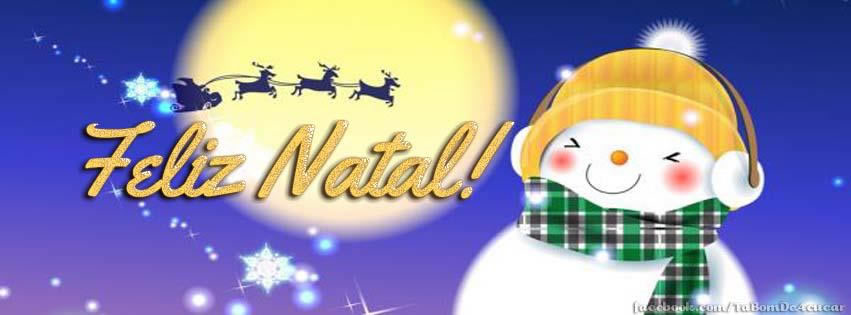 Capa para Facebook de Feliz Natal com boneco de neve, papai noel e renas