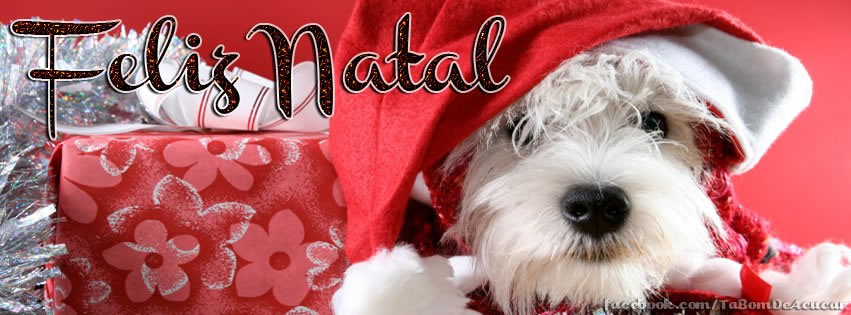 Capa para Facebook de Feliz Natal com cachorrinho vestido de Papai Noel