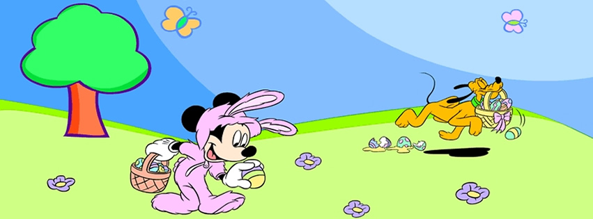 Capa para Facebook de Páscoa com Mickey e Pluto passeando com cestas de...